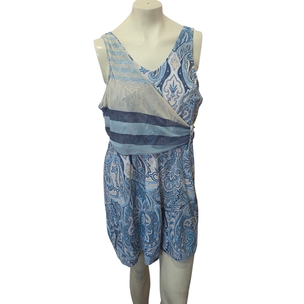 Blue Paisley Sleeveless Faux Wrapβ Dress XL Mesh Overlay Empire Waist Stretch...